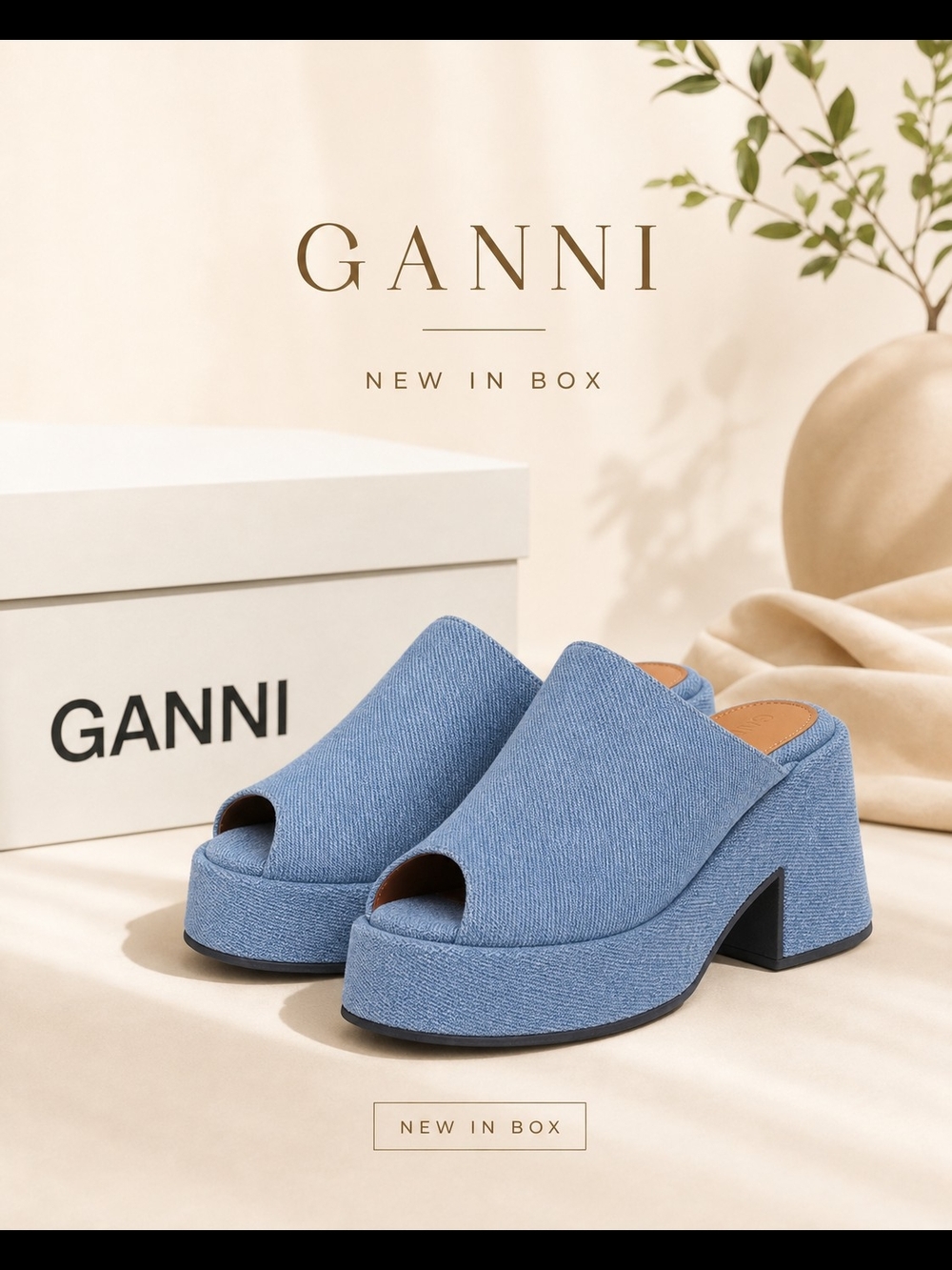 Ganni Retro Denim Platform Peep-Toe Mules